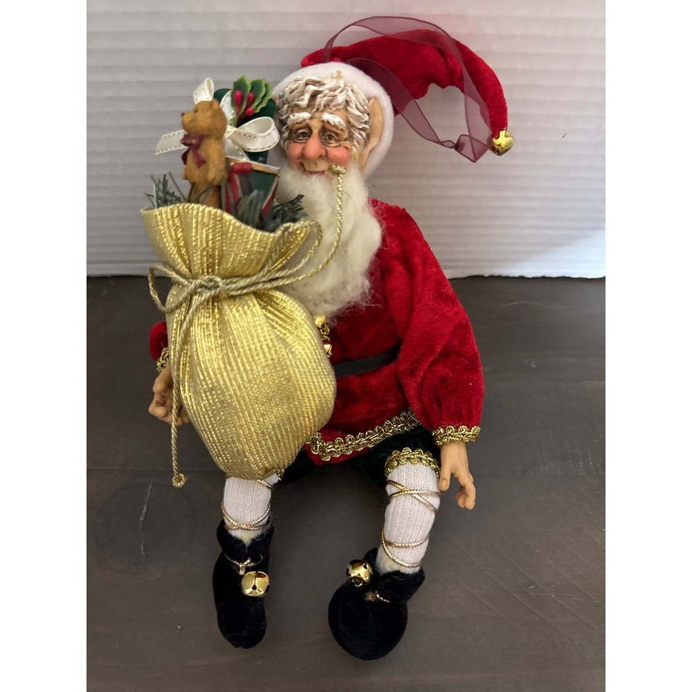 Vintage Whimsical Santa Elf Shelf Sitter Christmas Decor Red Velvet Gold 9.5in
